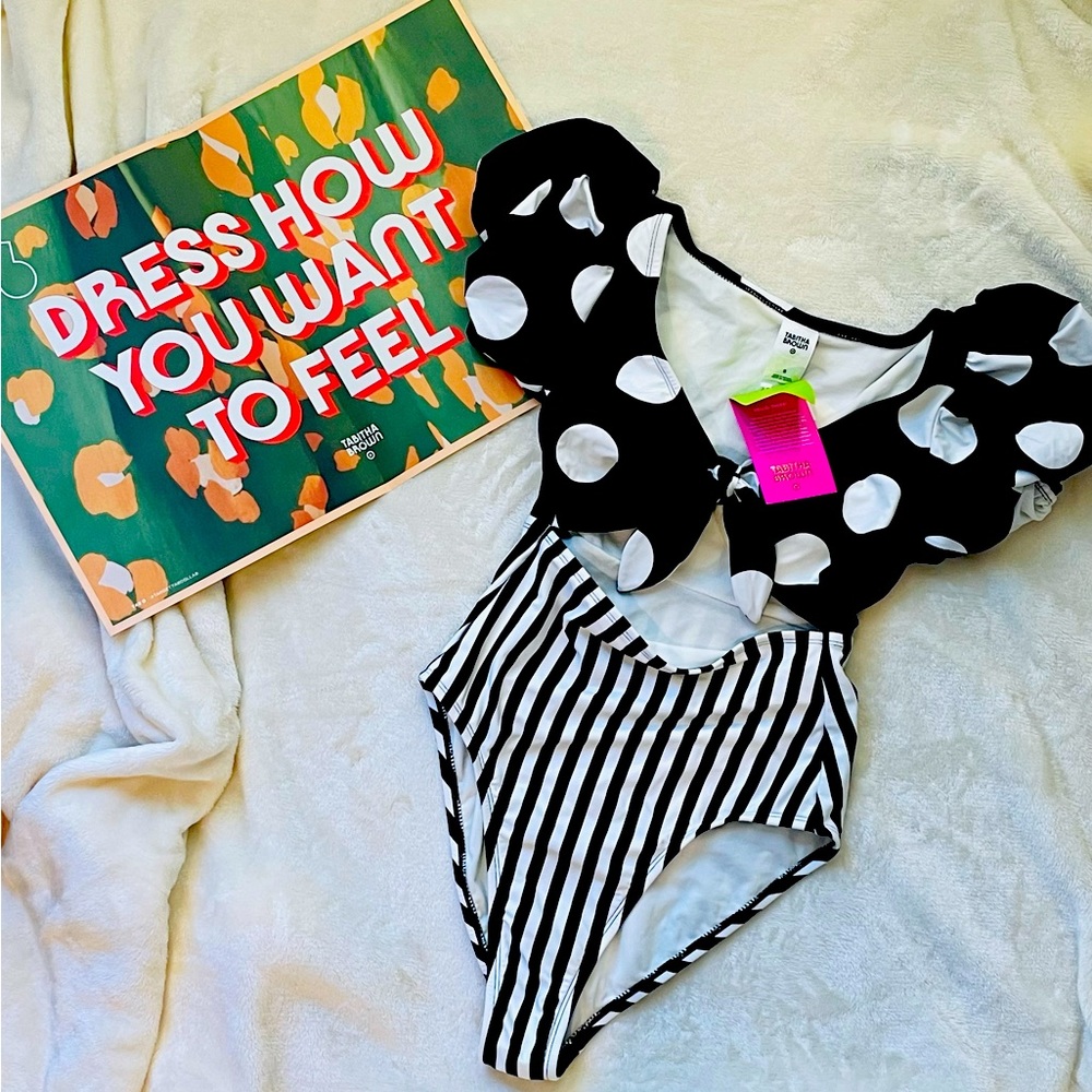 NWT Tabitha Brown Black-n-white striped and polka dot 1-piece bathing suit